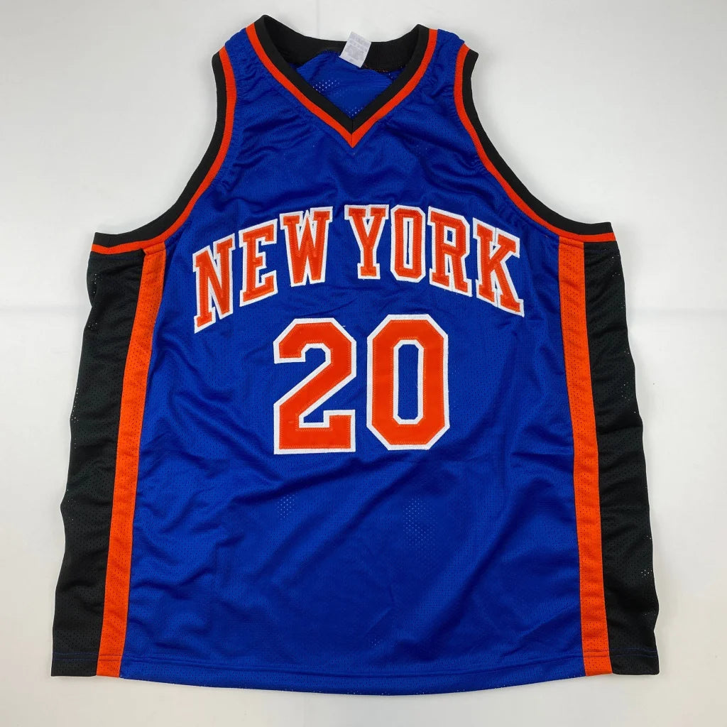 Blue basketball jersey with orange and black trim from Custom Jersey Allan Houston Knicks collectible