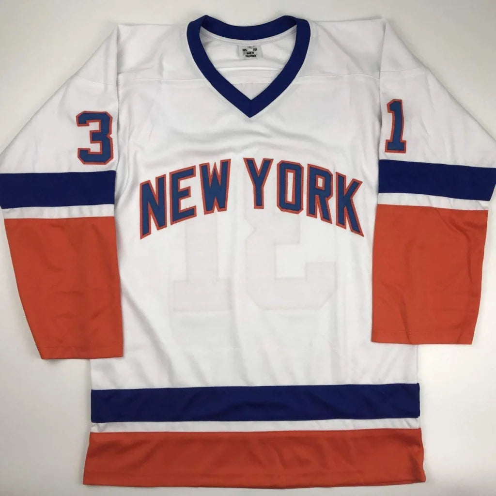 White custom jersey with blue and orange accents from Bill Smith’s professional sports league autographed jersey