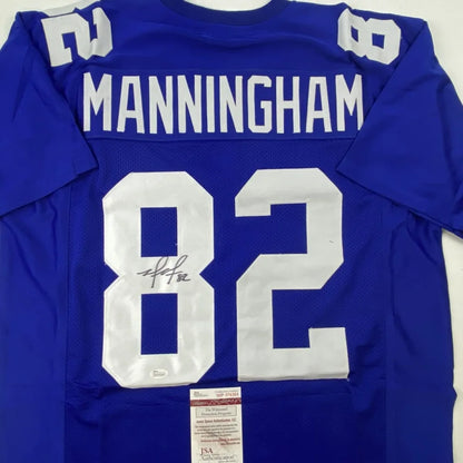 Custom royal blue Manningham 82 football jersey, pro sports league collectible