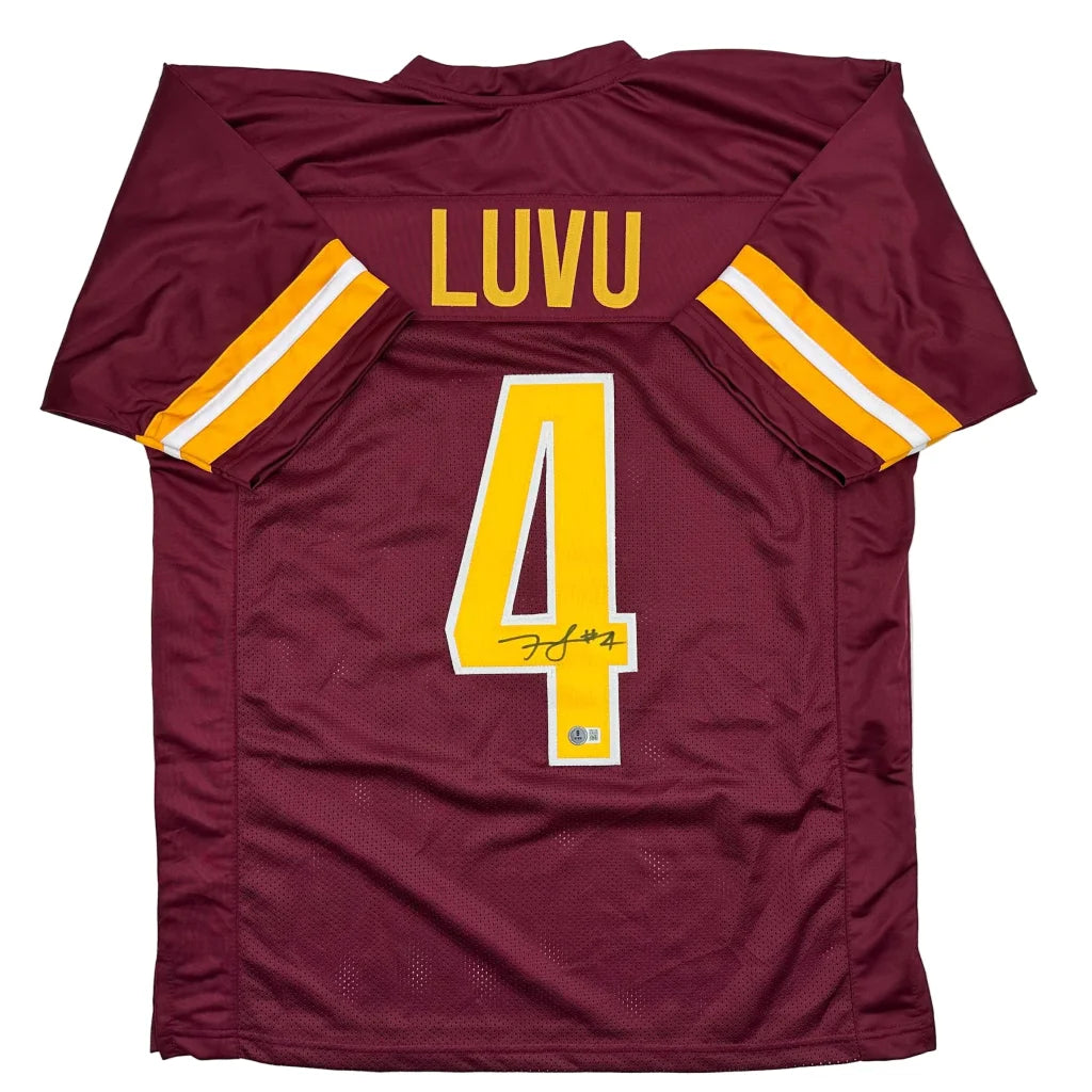 Autographed custom jersey in maroon and gold with Luvu 4 for professional sports league
