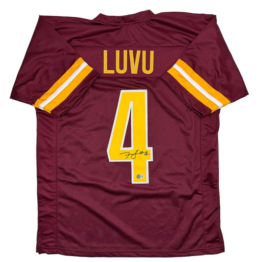 Autographed custom jersey in maroon and gold with Luvu 4 for professional sports league