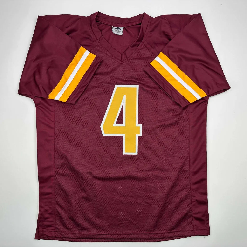 Maroon custom jersey with yellow white stripes number 4 autographed pro sports collectible