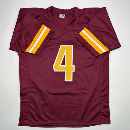 Maroon custom jersey with yellow white stripes number 4 autographed pro sports collectible