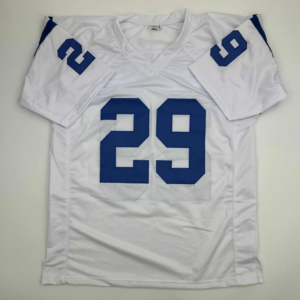 White and blue Nike custom jersey with Addai 29 autograph