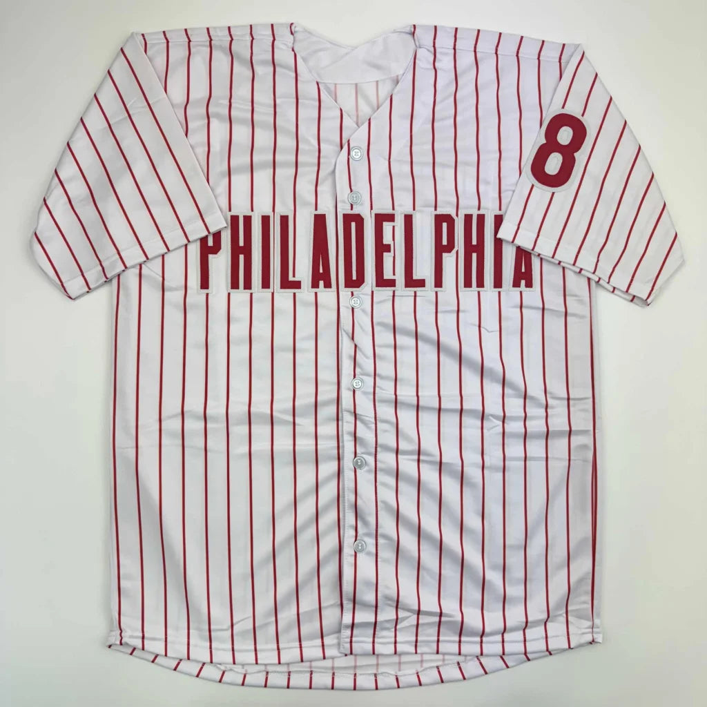 Philadelphia custom jersey with red pinstripes, number 8, autographed pro sports collectible