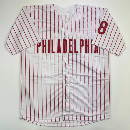 Philadelphia custom jersey with red pinstripes, number 8, autographed pro sports collectible