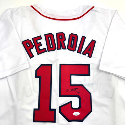 Custom Pedroia red white baseball jersey autographed number 5