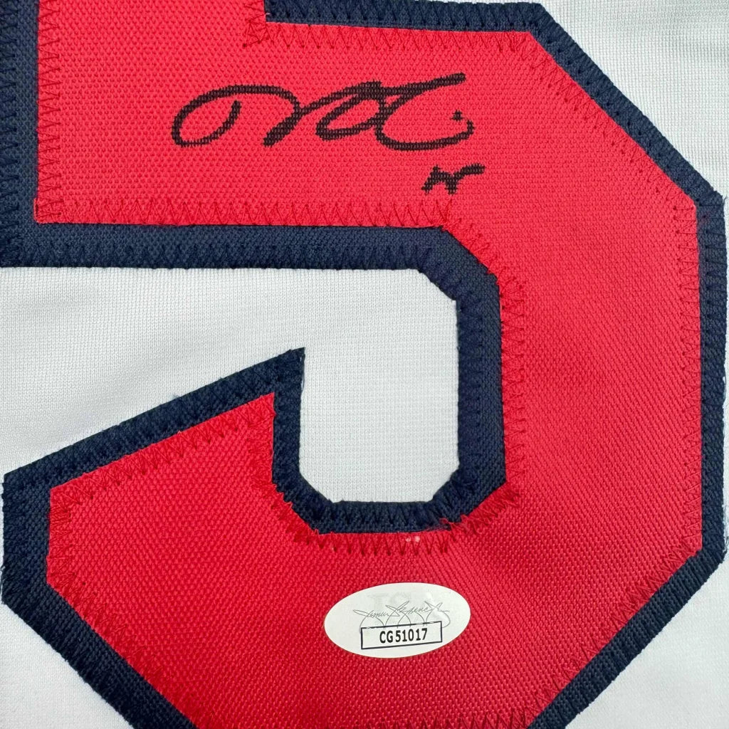 Autographed custom jersey with Pedroia number 5 in red and white