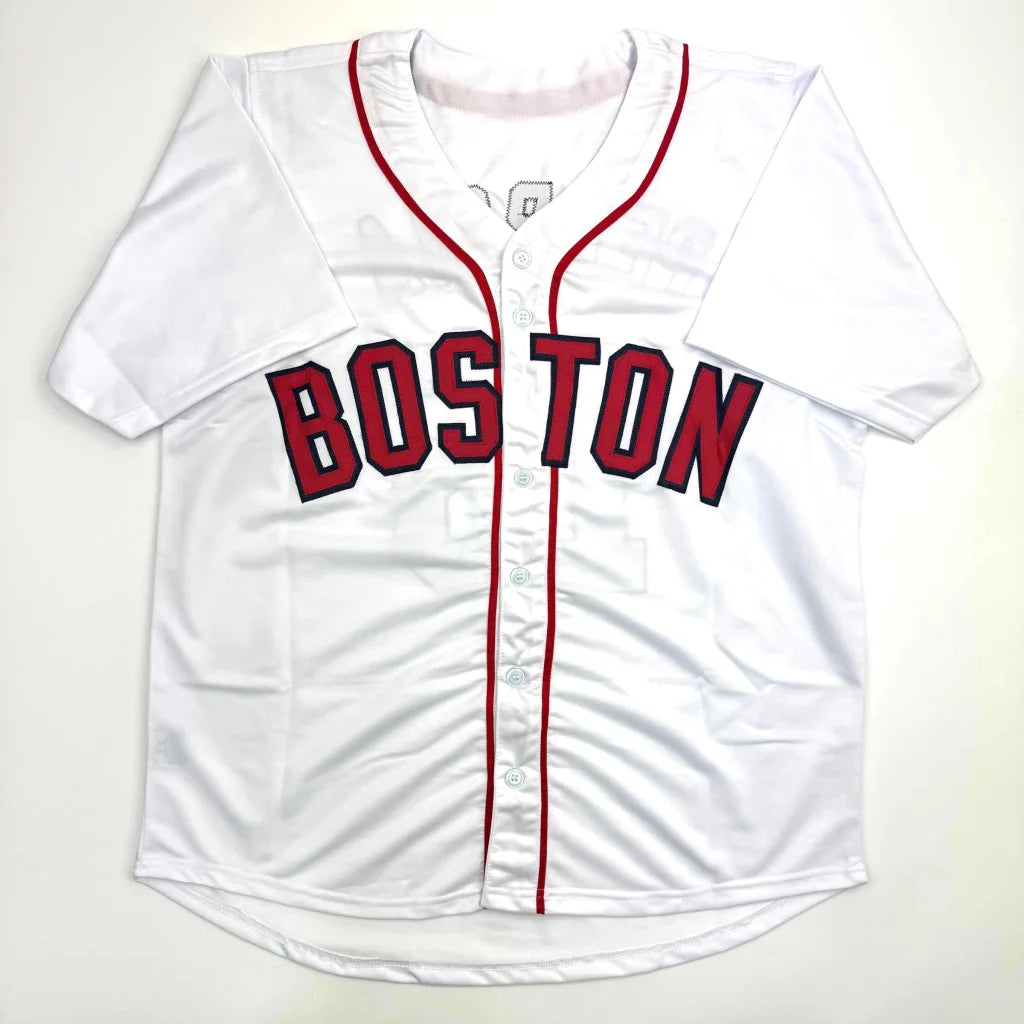 Custom Boston Pedroia jersey, white with red trim, autographed pro sports league style