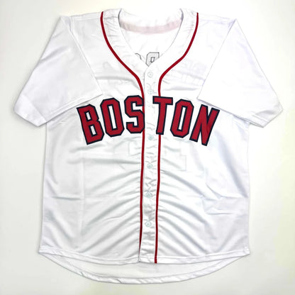 Custom Boston Pedroia jersey, white with red trim, autographed pro sports league style