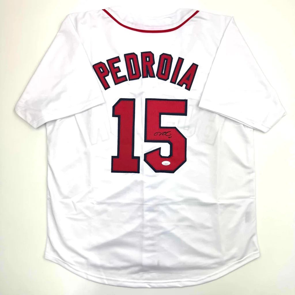 Red and white custom jersey with Pedroia name, autographed MLB pro sports piece