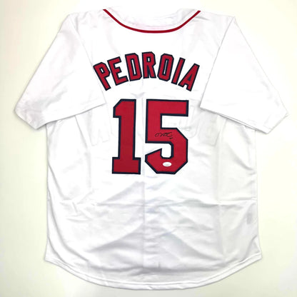 Red and white custom jersey with Pedroia name, autographed MLB pro sports piece