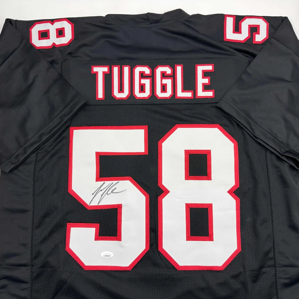Autographed Tuggle #58 black custom jersey, professional sports style