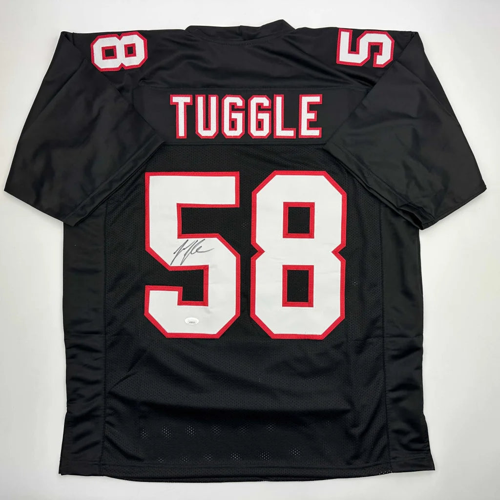 Autographed black custom jersey by Tuggle #58, professional sports style