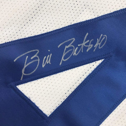 White and blue custom jersey with silver Bates 40 autograph, pro sports collectible