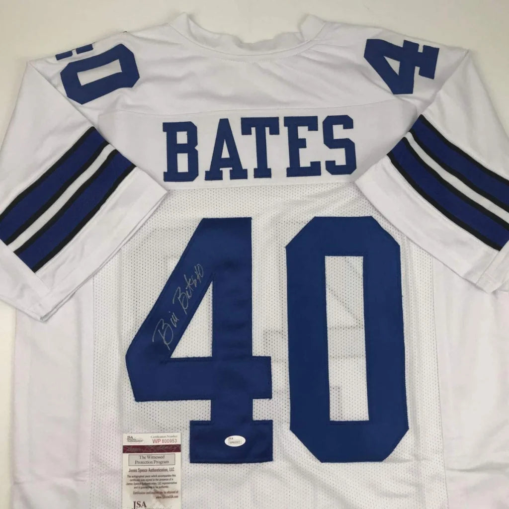Custom white blue Bates 40 football jersey, pro sports league collectible