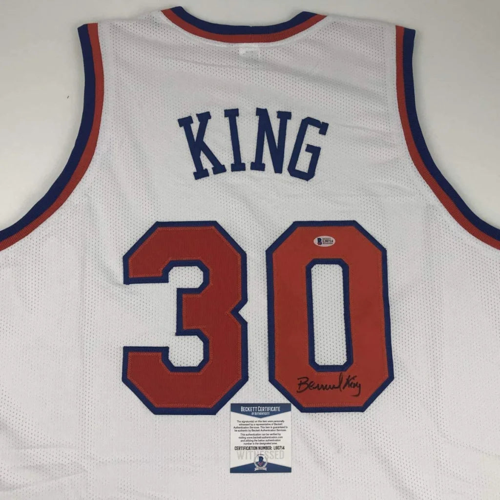 White custom jersey with KING and 30 autographed by Bernard King for professional sports fans
