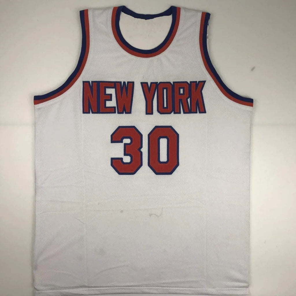 White New York basketball jersey with orange and blue trim, number 30, for professional sports