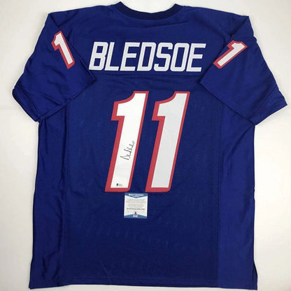 Blue custom jersey Bledsoe 11 with autographed football collectible vibes