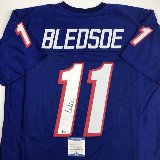 Royal blue custom jersey Bledsoe 11 autographed pro sports collectible