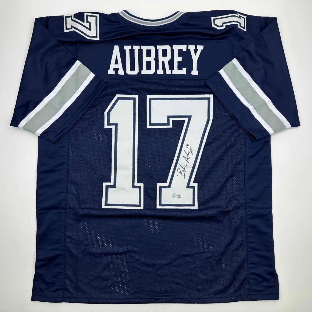 Navy blue custom jersey with white lettering, Aubrey 17, pro sports style
