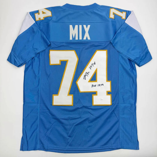 Signed blue white gold custom jersey by Mix #74, pro sports league collectible