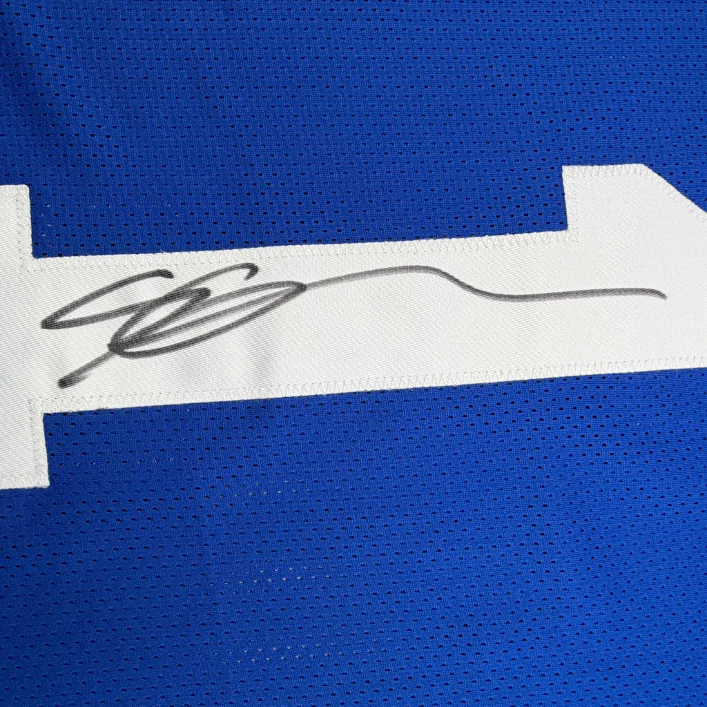 Custom blue jersey with white numbers and authentic signature for professional sports league