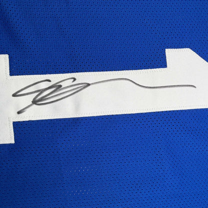 Custom blue jersey with white numbers and authentic signature for professional sports league