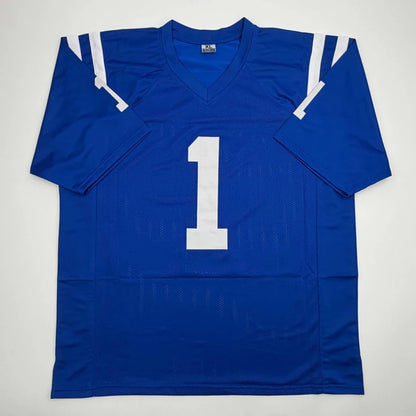 Royal blue custom jersey with white number 1 for professional sports