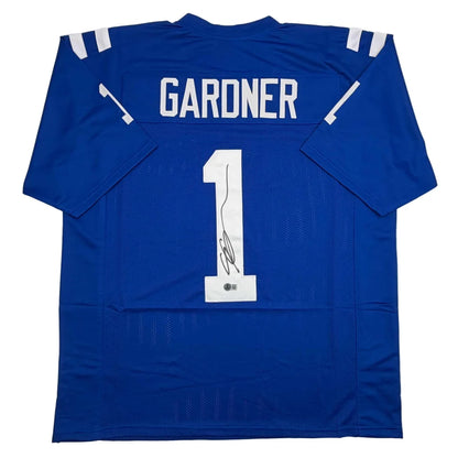 Blue custom jersey with white numbers, signature, pro sports league style