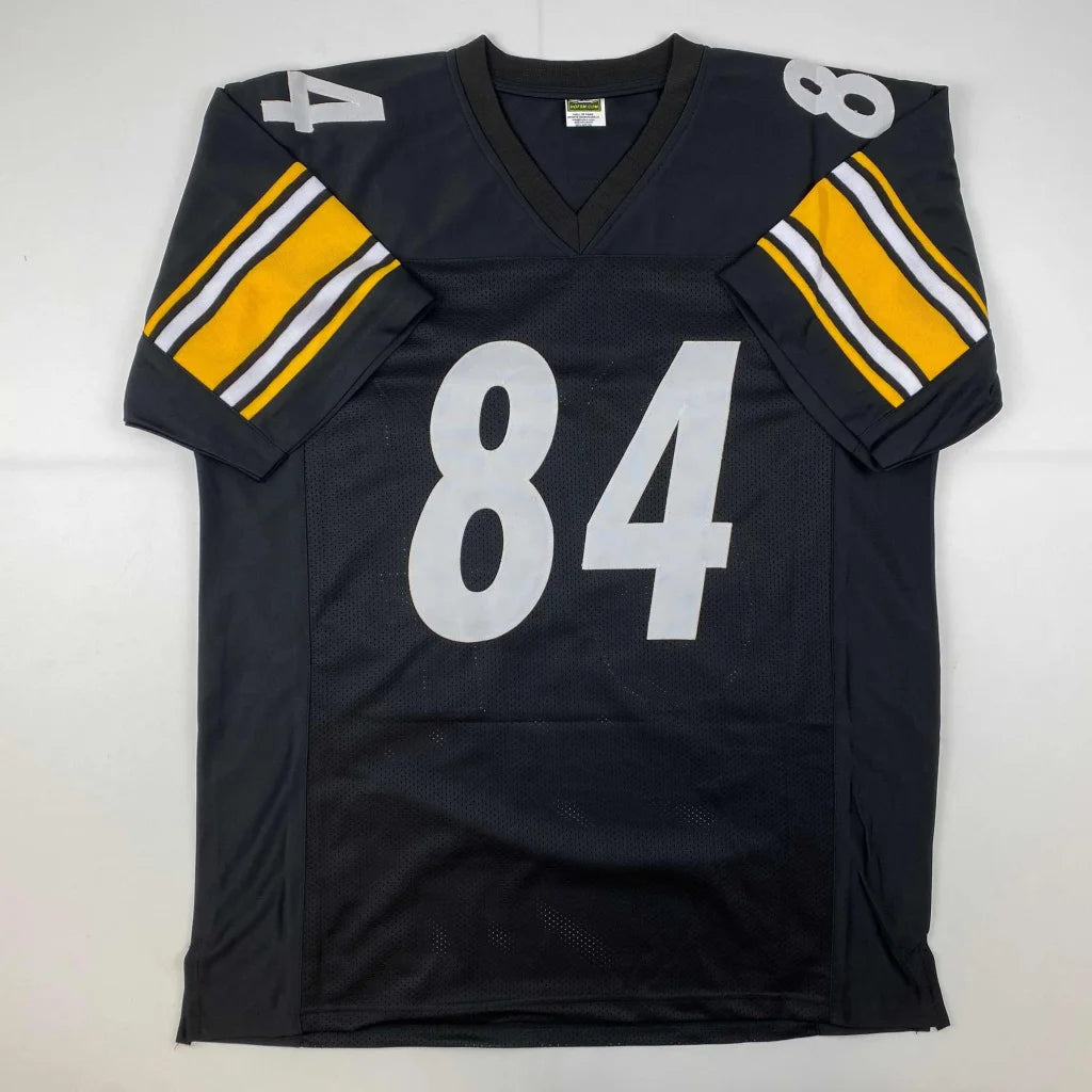Black custom jersey with white 84 and striped sleeves, perfect for sports league fans