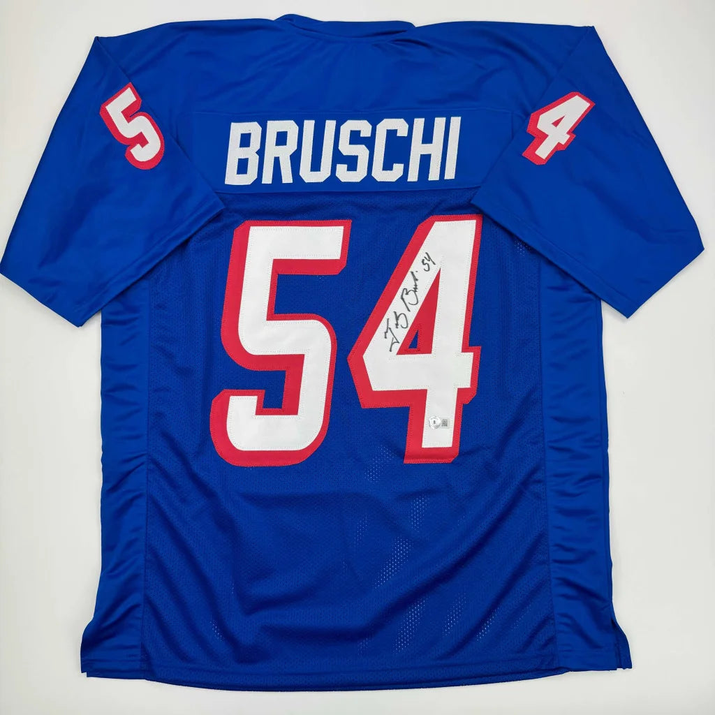 Blue custom jersey with BRUSCHI 54 for professional sports fans and league collectors