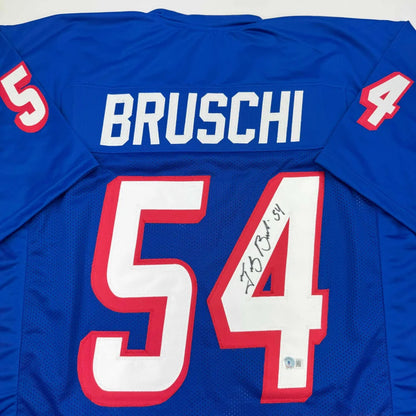 Signed blue custom jersey with Bruschi 54 for football fans and pro sports collectors
