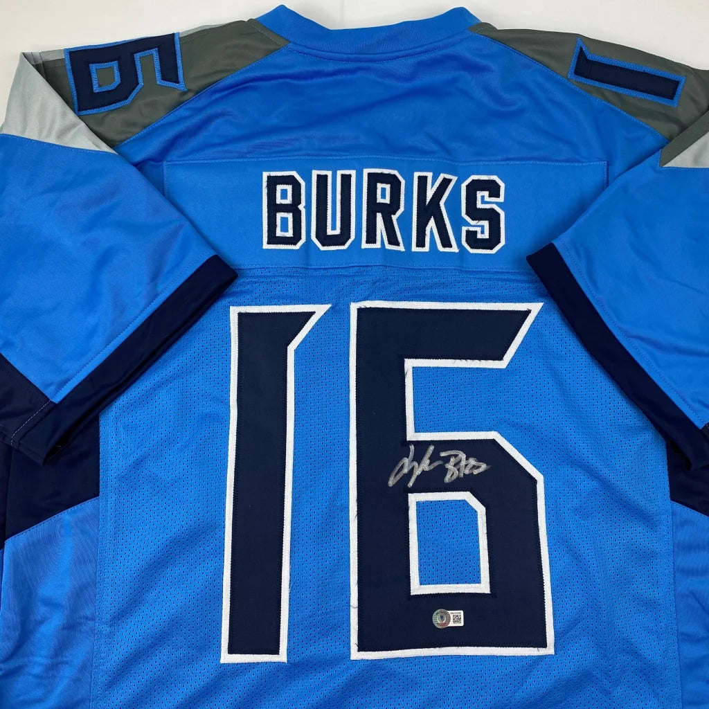 Blue and white custom jersey with Burks 16 autograph and Lions logo for sports fans