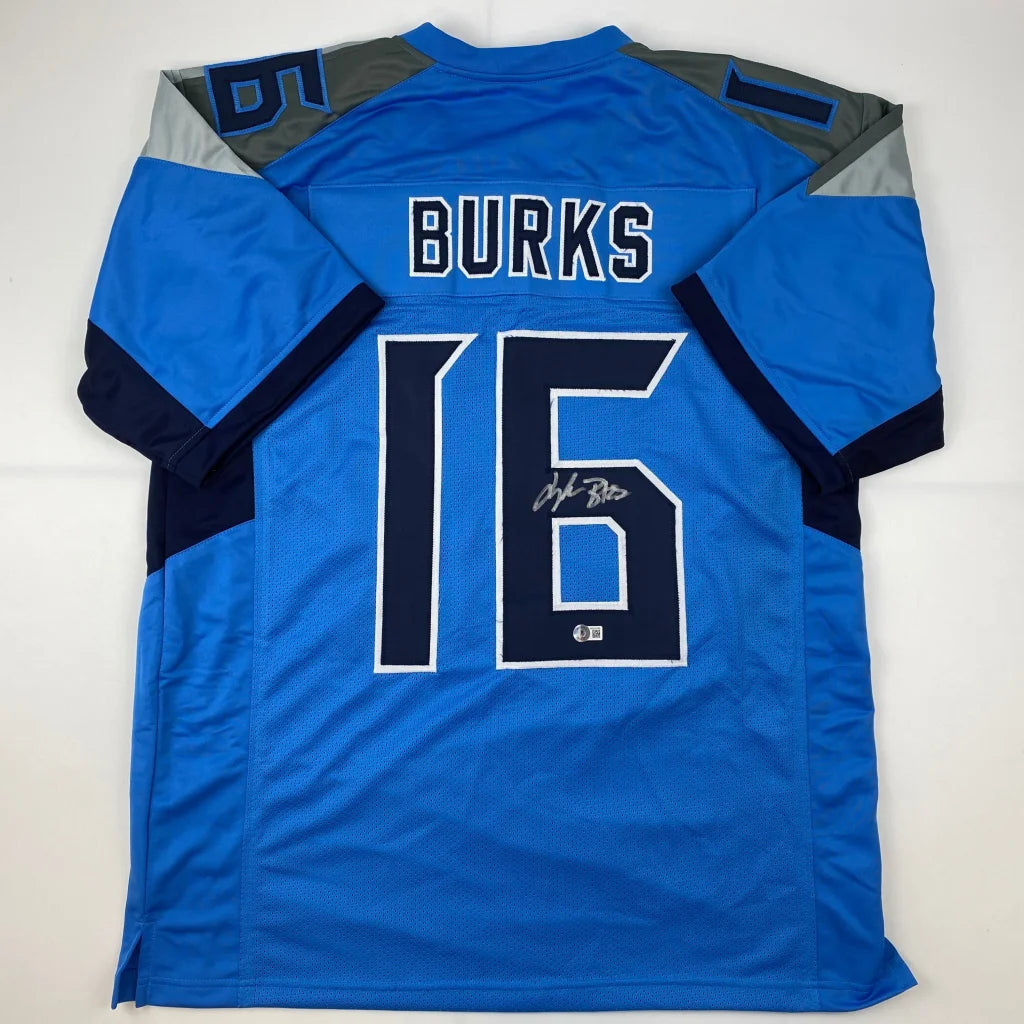 Blue and white custom jersey with Burks 16 autographed sports collectible design