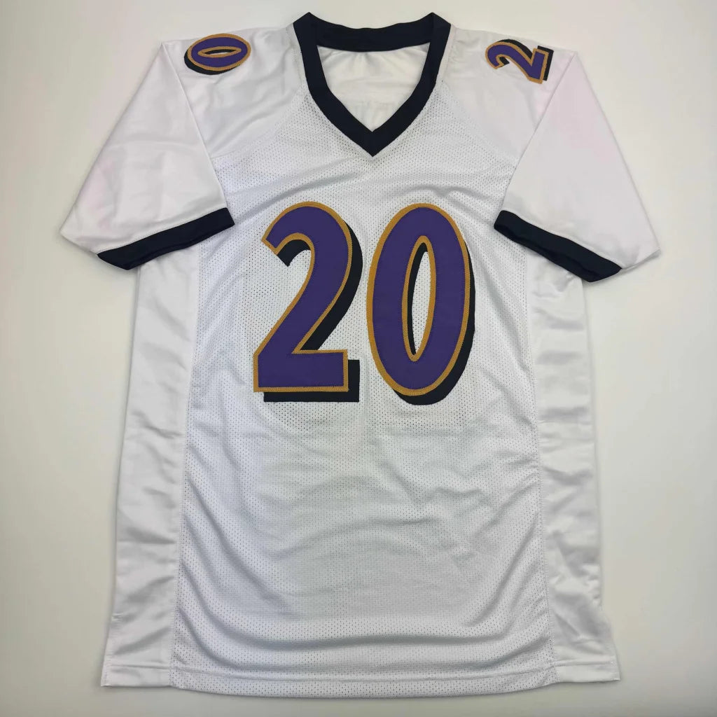 White custom jersey with purple and gold number 20 for professional sports fans