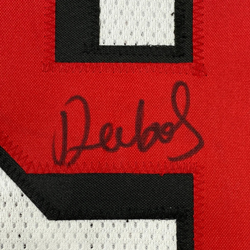 Red custom jersey with black autograph from the Custom Jersey Collection for professional sports fans