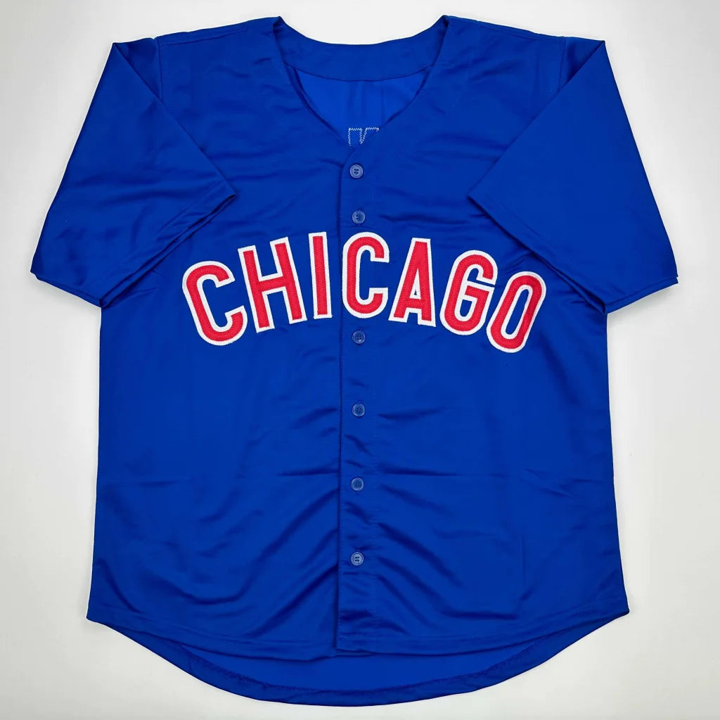 Blue short-sleeved custom jersey with CHICAGO in red and white for professional sports fans