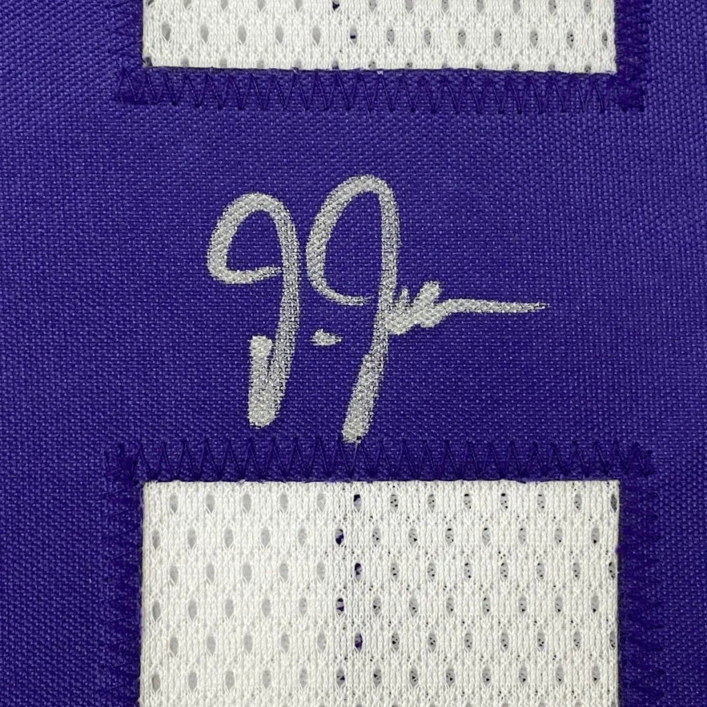 Purple custom sports jersey with white mesh trim and JJ autograph from professional sports gear