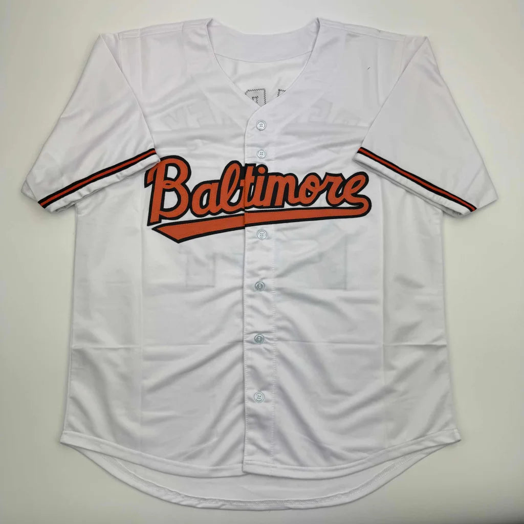 White custom jersey with Baltimore in orange and black for professional sports fans
