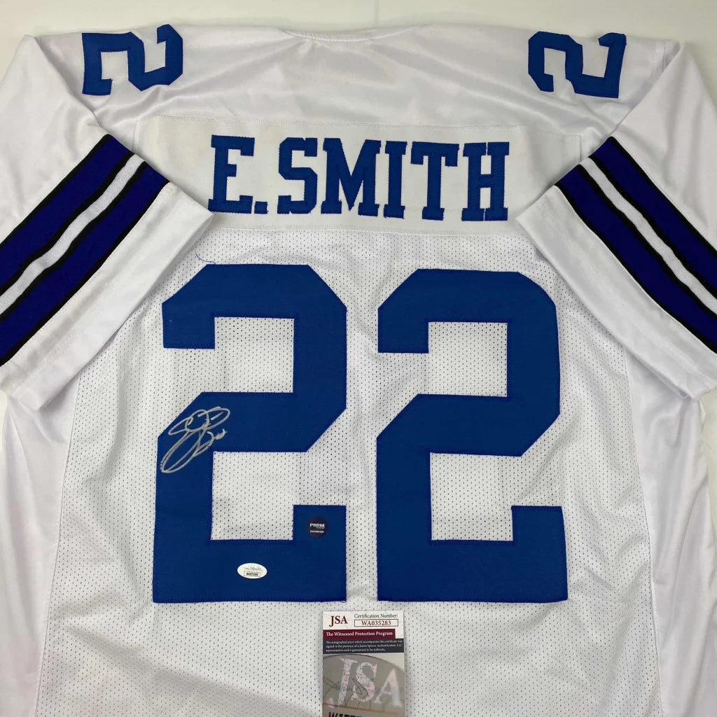 Custom jersey of E Smith signed white football jersey with blue stripes for professional sports fans