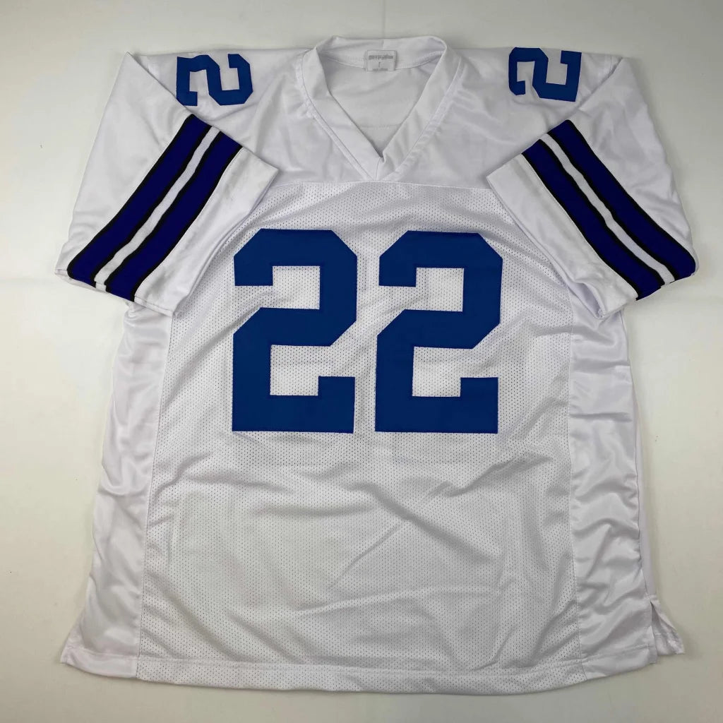 White custom football jersey with blue number 22 and shoulder stripes for professional sports fans