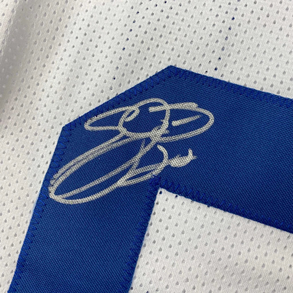 White mesh custom jersey with blue number 22 and E Smith signature for professional sports fans