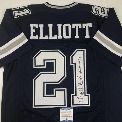 Navy blue custom Dallas Cowboys Elliott jersey with white silver accents