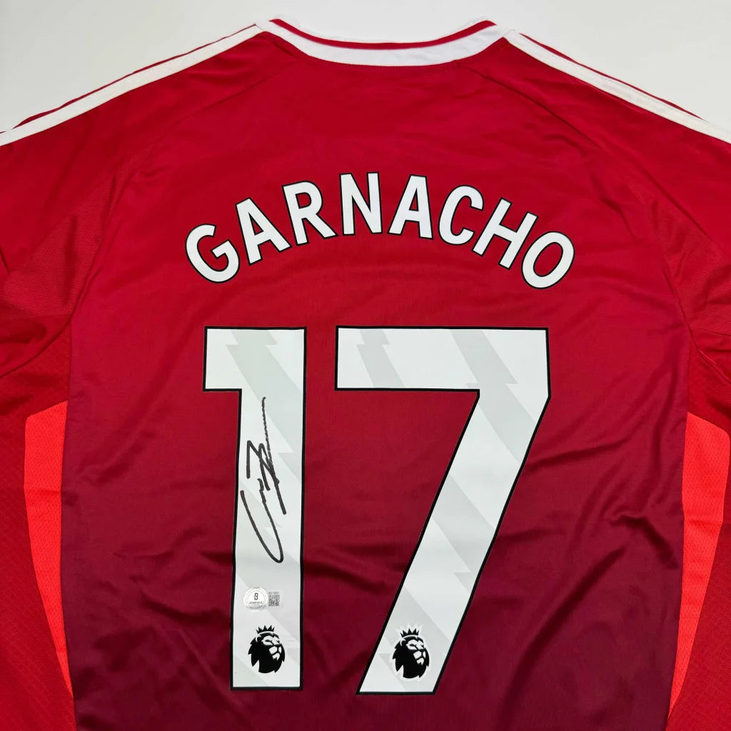 Autographed red custom jersey with GARNACHO 17 for professional sports and sports league fans