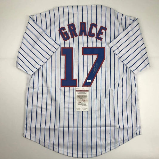 Custom white pinstripe baseball jersey with Grace 17 in red for pro sports league
