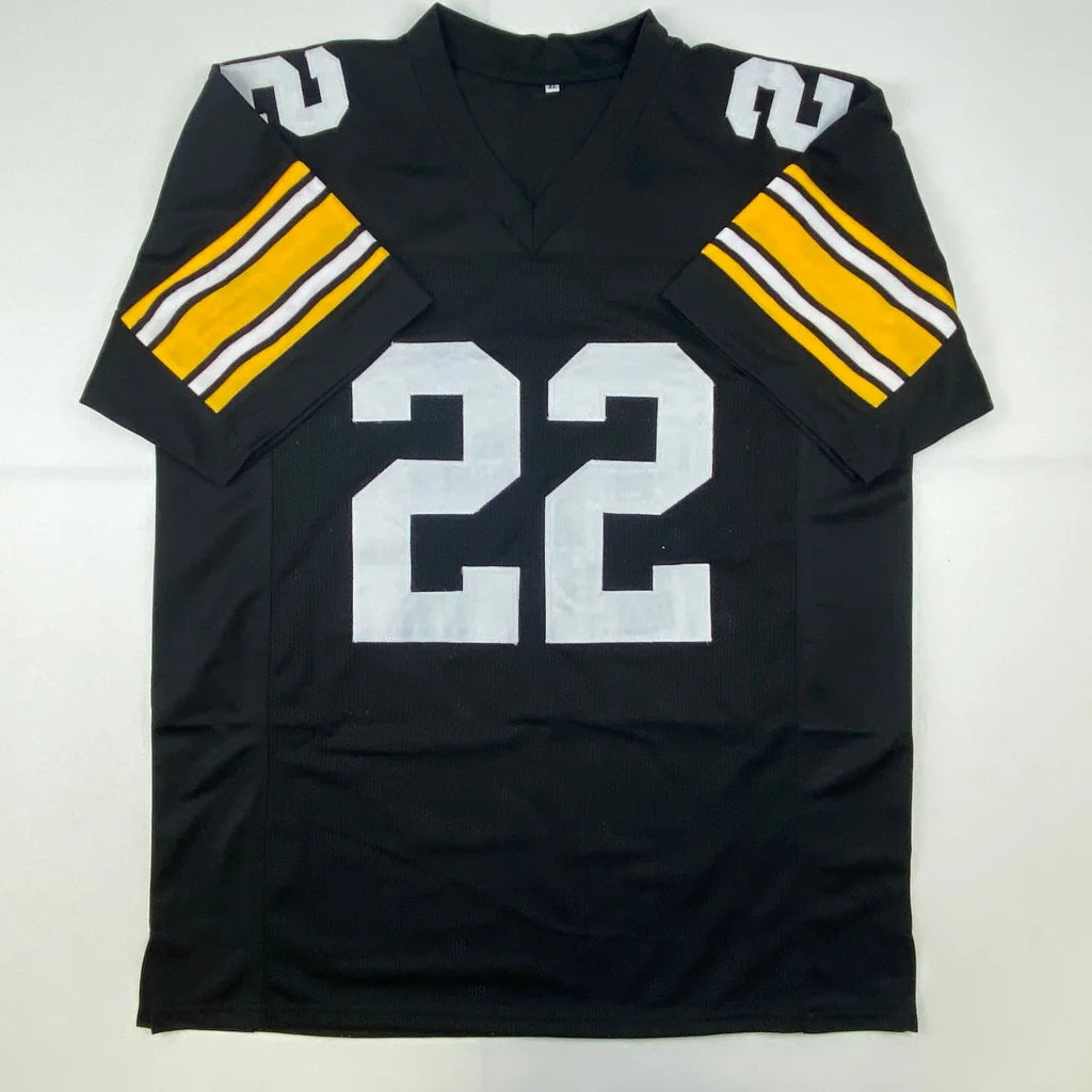 Black short-sleeved custom jersey with white 22 and yellow-white striped sleeves for sports league fans