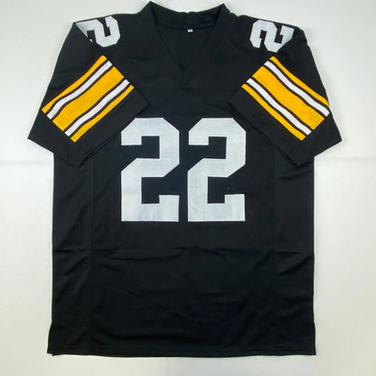 Black short-sleeved custom jersey with white 22 and yellow-white striped sleeves for sports league fans