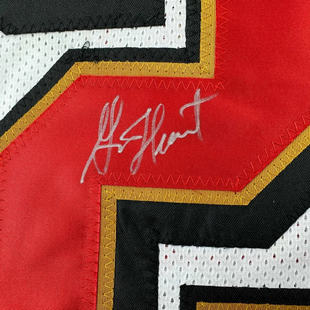 Red and black custom jersey with silver autograph from a professional sports league collectible