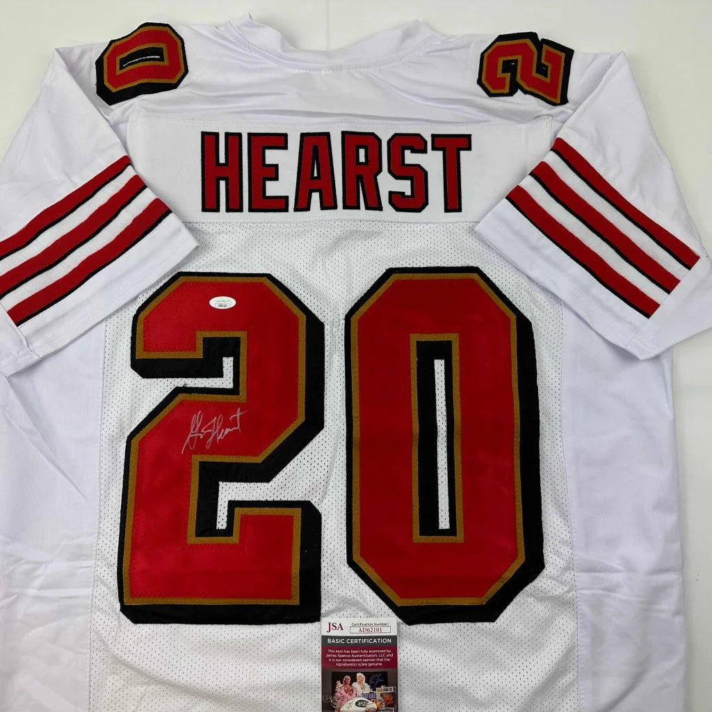 White custom jersey with red and black accents, number 20, autograph, for sports fans
